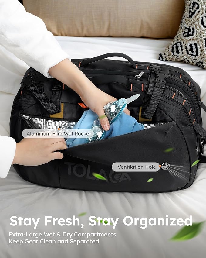 Tolaccea Travel Backpack for Men Women, 40L-50L Carry On Backpack with Wet Dry Compartment, TSA Approved Laptop Daypack Fits 15.6", Convertible Expandable Large Rucksack Duffel Bag for Work Travel