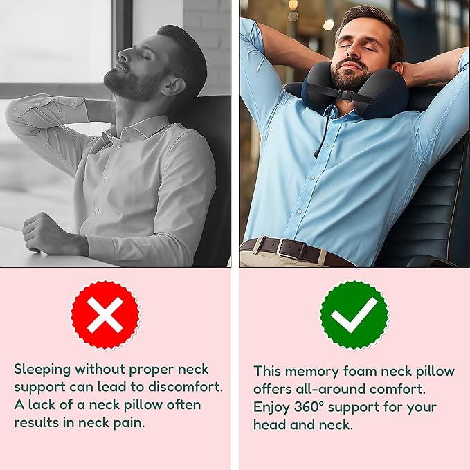 Picnic Neck Pillow for Traveling | 100% Pure Memory Foam Travel Pillow for Airplanes, Car & Office | Ergonomic Support with Adjustable Clasp, Eye Mask & Compact Travel Bag | Perfect for Relaxation