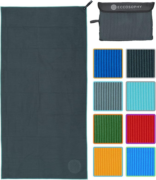 ECCOSOPHY Microfiber Beach Towel – Quick Dry Gym Towel, Highly Absorbent with Ribbed Texture, Lightweight – Ideal for Travel, Pool, Yoga, Fitness & Outdoor Adventures – 60x30 Charcoal