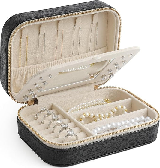 Genuine Leather Travel Jewelry Organizer Case with Mirror for Women, Small Mini Portable Jewelry Box for Ring Earrings Necklace Bracelet Luxury Gift for Women（Black）