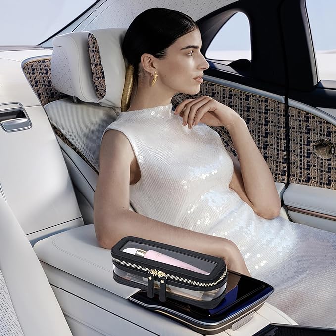 Pinkmik Makeup Brush Case Clear Travel Cosmetic & Toiletry Bag Slim Makeup Bag with Zipper Small Purse Organizer Car Essential Bag for Women (Black, SLIM-1)