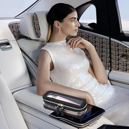 Pinkmik Makeup Brush Case Clear Travel Cosmetic & Toiletry Bag Slim Makeup Bag with Zipper Small Purse Organizer Car Essential Bag for Women (Black, SLIM-1)