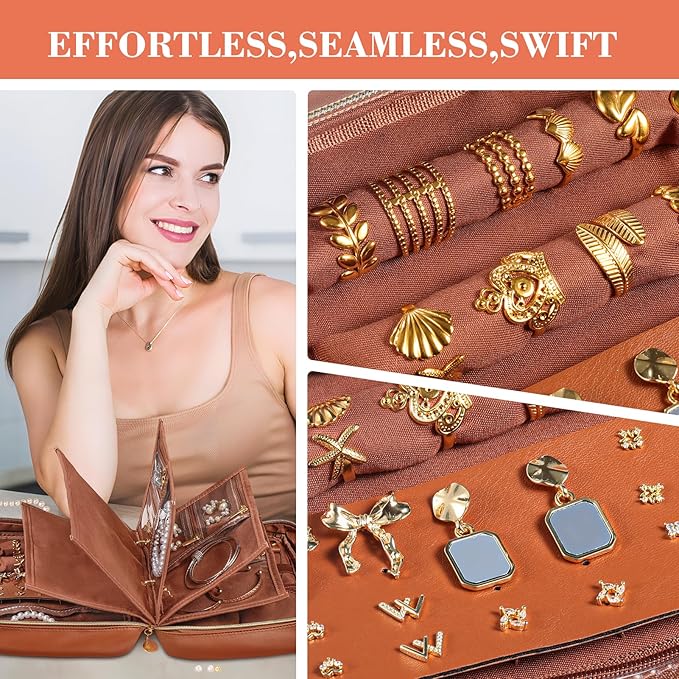 Leather Travel Jewelry Case Organizer,Jewelry Storage Book Binder with Clear Zipper Pouch & Lining-Portable Jewelry Bag for Earrings,Rings,Necklaces,Bracelets (Brown)