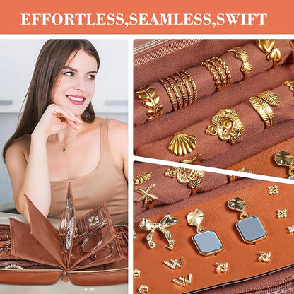 Leather Travel Jewelry Case Organizer,Jewelry Storage Book Binder with Clear Zipper Pouch & Lining-Portable Jewelry Bag for Earrings,Rings,Necklaces,Bracelets (Brown)