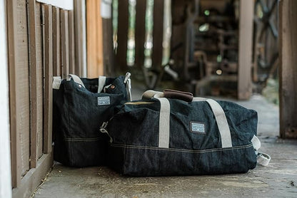 Barebones Neelum Duffel Bag – 40L Waxed Denim Travel Duffel with Full-Grain Leather Handles, Internal Pockets & Removable Strap – Durable Overnight or Weekend Bag for Men & Women