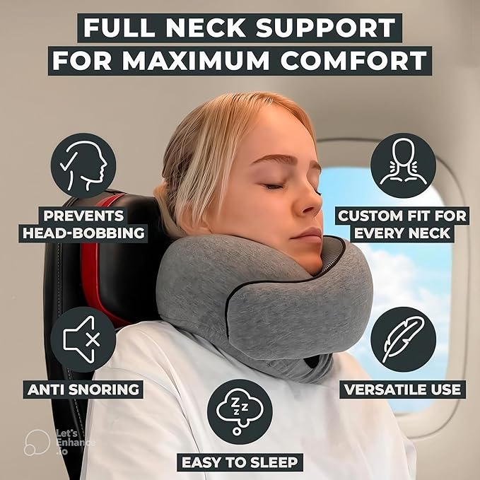 Neck Travel Pillow – Ergonomic Airplane Pillow for Neck Support & Comfort | Compact & Washable Cover | Perfect for Airplane, Car, Train & Home Use | Travel Pillow for Adults & Kids (Gray)