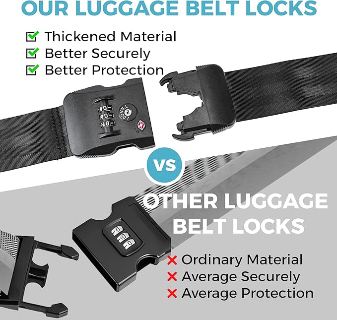 Luggage Straps with TSA Lock, Adjustable Heavy Duty Black Luggage Straps for Suitcase with Reinforced Buckles, Cross Luggage Strap TSA Approved Combination Locks with Name Tags for Travel & Trip