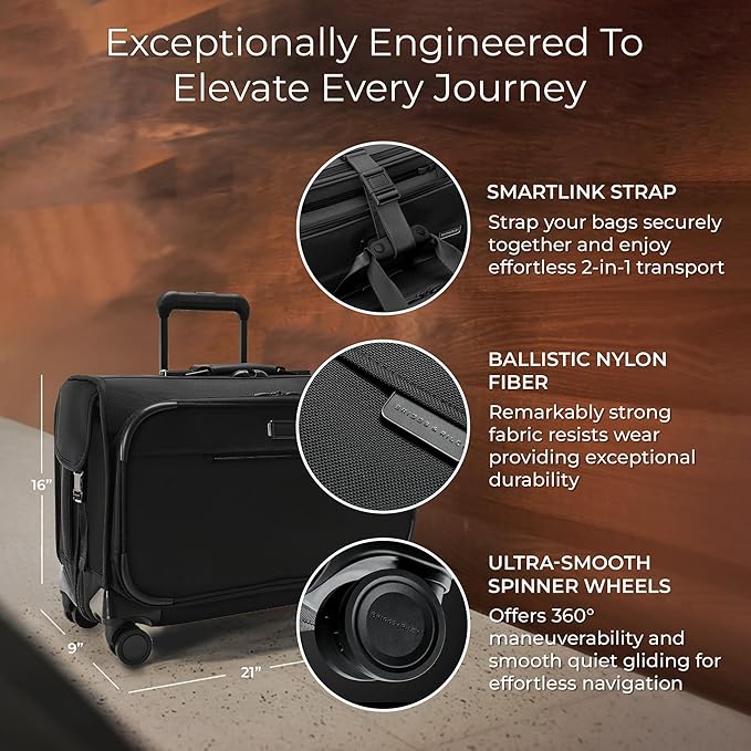 Briggs & Riley 21" Carry-On Wheeled Garment Spinner - Carry On Luggage for Travel, Suitcases with Wheels, Softside Rolling Bag for Men & Women, Built in Hook for Clothes - Baseline Collection, Black