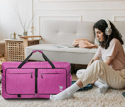 Bago Large Foldable Duffel Bags for Traveling Women & Men - 100L Packable Duffle Bag for Travel with Shoe Compartment - Water Repellant, Heavy Duty, Lightweight Folding & Collapsible (SnowPink)