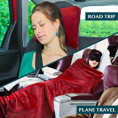 PAVILIA Travel Blanket Pillow, Soft Airplane Blanket 2-in-1 Combo Set, Plane Blanket Compact Packable, Flight Essentials Car Pillow, Travelers Gifts Accessories, Luggage Backpack Strap, 60x43 Red