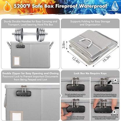 TOMKID 5200°F Fireproof Document Box, Fire Important Document Organizer with Lock, Upgraded Heat Insulated Filing Storage Cabinet Office Organization (5200°F Fireproof Box, Silver)