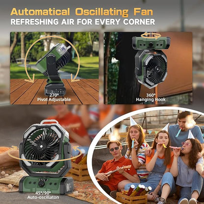 Portable Misting Fan with LED Light & 20000mAh Power Bank - Rechargeable Camping Fan with Remote, Spotless Speeds & 360° Pivot Hook for Outdoor, Hurricane, RV, Power Outages
