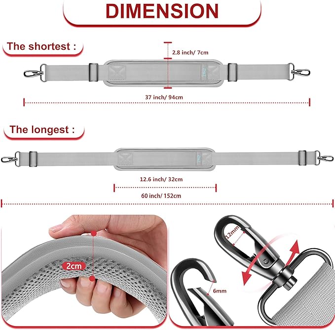 ZINZ 60" Universal Strap with Ultra-Thick Fixed Breathable Pad - Adjustable Heavy-Duty Shoulder Strap for Laptop, Crossbody, Luggage, Gym, Camera Bag and More - L01G01