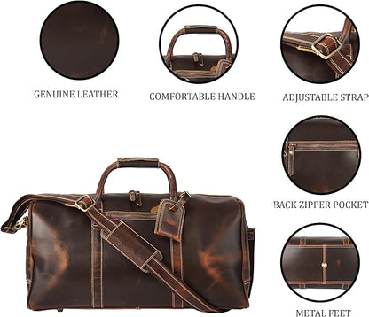 KomalC Leather Duffel Bags for Men and Women, Full Grain Buffalo Leather, Dark Tan, 20 Inch
