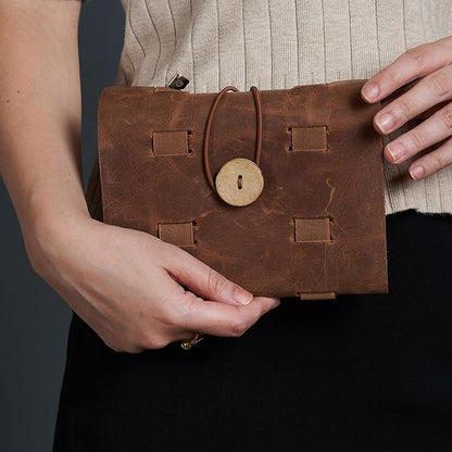 HARDISTON Custom Genuine Leather Electronic Cable Organizer Bag Handmade Travel Cord Organizer Roll Case for Hard Drives, Cables, Charger, Phone, USB, SD Card (Medium - Brown)