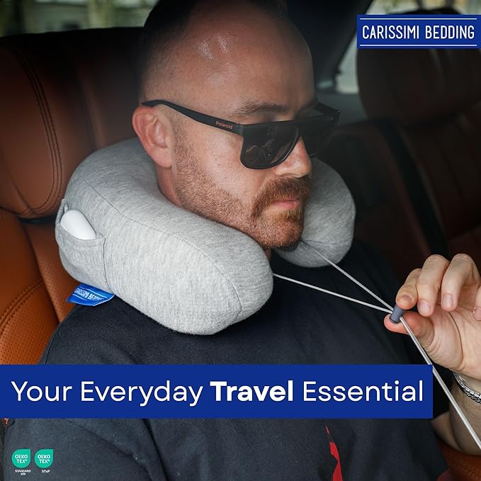 Travel Neck Pillow with Bag – Compact Memory Foam Neck Pillow for Airplane, Car and Office – Ergonomic Design for Travel Comfort and Shoulder & Neck Support