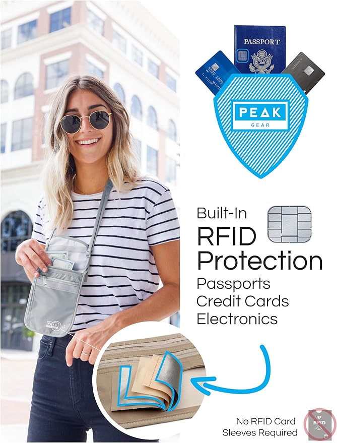 Peak Gear RFID Neck Wallet - The Orginal Travel Pouch with Adjustable Crossbody Strap + Theft Protection and Lost & Found Service | Gray