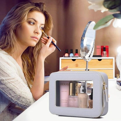 Pinkmik Travel Clear Makeup Bag with Brush Case TSA Approved Toiletry Bag Waterproof Cosmetic Organizer with Zipper Car Essential for Women (Gray, M+SLIM)