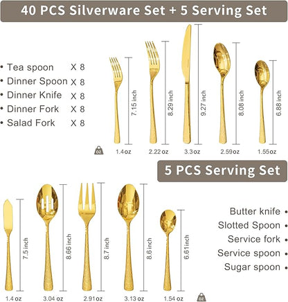 KINGSTONE Gold Hammered Silverware Set, Flatware Set with Serving Utensils, 18/10 Stainless Steel Premium Cutlery with Unique Ripple Handles Design Mirror Polished - Dishwasher Safe (45-Piece)