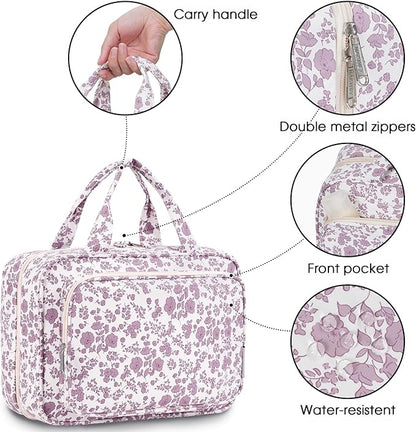 Travel Toiletry Bag for Women Large Hanging Makeup Bag Organizer Toiletries Bag for Full Size Essentials Accessories Cosmetics (Little Dusty Pink Flower (Large))