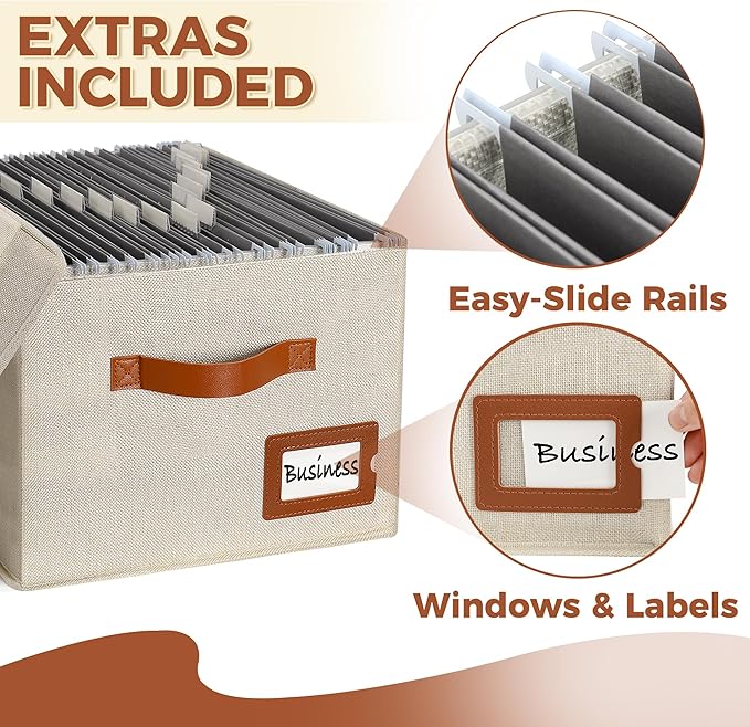 Storage Standard 2-Pack File Organizer Box with Lid - Collapsible Hanging Linen Document Organizer Portable File Boxes, Lightweight & Portable Filing Box Crates with Handles & Extras, Ivory