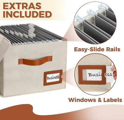 Storage Standard 2-Pack File Organizer Box with Lid - Collapsible Hanging Linen Document Organizer Portable File Boxes, Lightweight & Portable Filing Box Crates with Handles & Extras, Ivory