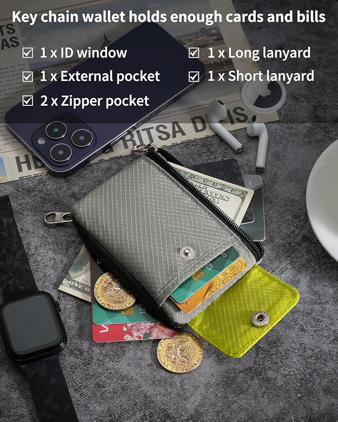 Minimalist Wallet For Mens Womens, Keychain RFID Blocking Zipper Small Wallet with ID Window 2 Lanyards,Water Resistant Travel Cash Card Coin Case Boys Girls