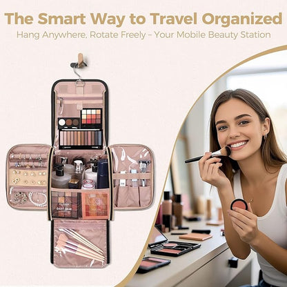 Hanging Toiletry Bag & Makeup Bag for Women with Jewelry Organizer - TSA Approved Large Capacity Travel Cosmetic Organizer, Waterproof Shower Essentials Case with Transparent Pockets, Black