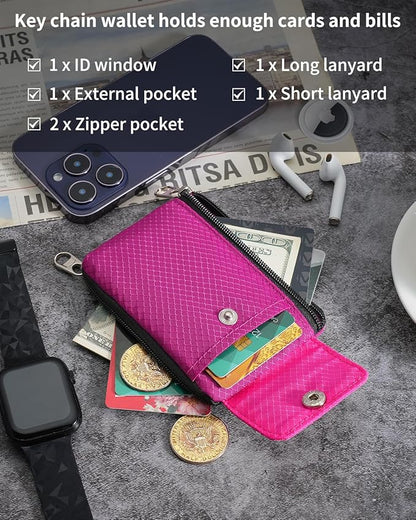 Minimalist Wallet For Mens Womens, Keychain RFID Blocking Zipper Small Wallet with ID Window 2 Lanyards,Water Resistant Travel Cash Card Coin Case Boys Girls