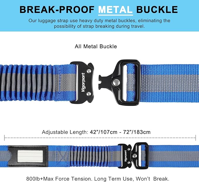 Vigorport Luggage Straps for Suitcases 2 Pack, Heavy Duty Metal Buckle Luggage Belt Strap, TSA Approved Suitcase Belt, Stretchable Travel Strap for Luggage