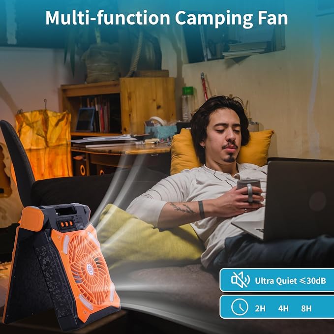 Solar Fan Battery Powered Rechargeable Solar Camping Fan with Led Lantern Power Bank Foldable Angle USB Personal Fans for Travel Outdoor CampingTents camping essentials X98 Orange