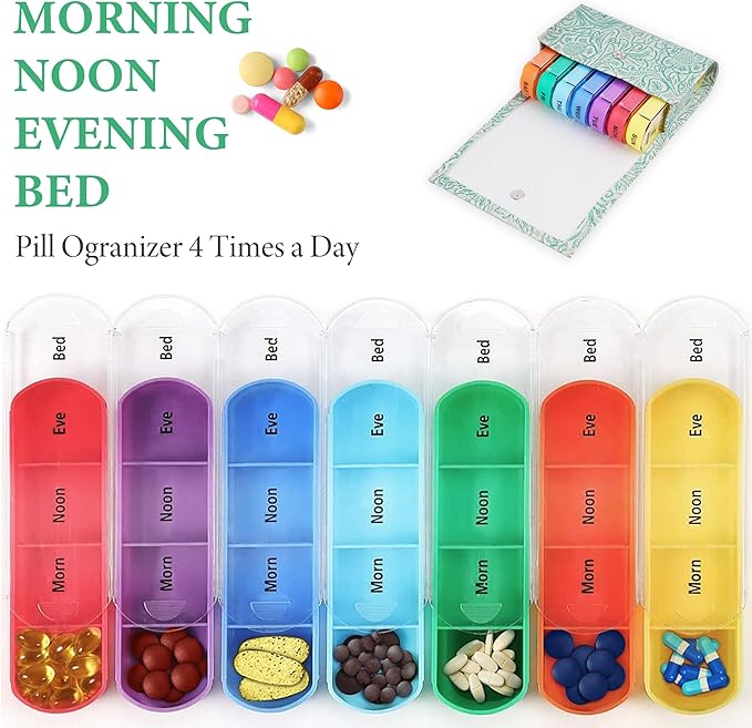Pill Organizer,LIZIMANDU Weekly Travel Pill Case Box Medication Reminder Daily AM PM, Day Night 7 Compartments,for 4 Times A Day, 7 Days a Week-Includes Leather PU Carrying Case(1-Carved Green2)