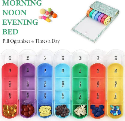 Pill Organizer,Haecsfl Weekly Travel Pill Case Box Medication Reminder Daily AM PM, Day Night 7 Compartments,for 4 Times A Day, 7 Days a Week-Includes Leather PU Carrying Case(1-Carved Green1)