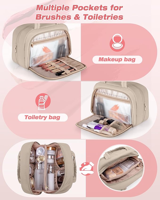 Travel Toiletry Bag for Women with Hanging Hook, Water Resistant Puffy Makeup Organizer with Leak Proof Pockets for Toiletries and Cosmetics - Khaki (Bag Only)