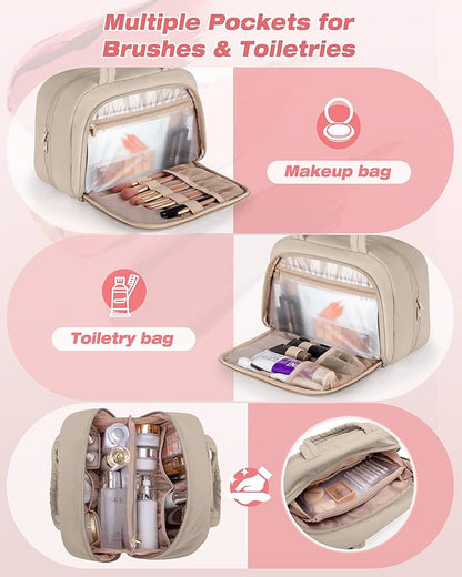 Travel Toiletry Bag for Women with Hanging Hook, Water Resistant Puffy Makeup Organizer with Leak Proof Pockets for Toiletries and Cosmetics - Khaki (Bag Only)