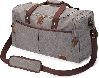 S-ZONE 65L Expandable Canvas Duffle Bag Travel Overnight Holdall Weekend Bag with Shoes Compartment Large Carry On Bag Tote Gym Bag for Men Women, Light Gray, X-Large, Travel Duffle