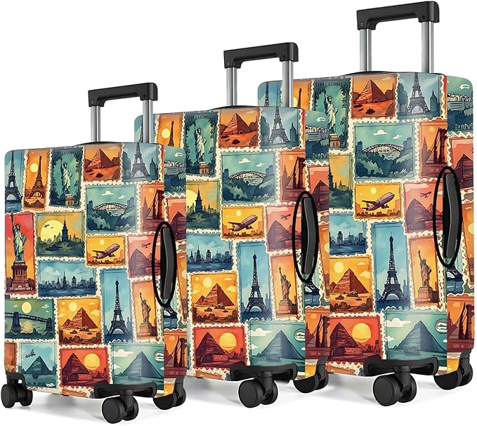 Colorful Landmark Travel Suitcase Cover – Waterproof Elastic Luggage Protector Wrap Featuring Iconic Monuments in Stamp Design,Fits 32"-34" Luggage, XL