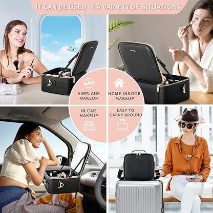 Travel Makeup Bag with LED Mirror, Portable Cosmetic Case Organizer with Lighted Mirror, Waterproof Makeup Case for Cosmetic Brush Holder Storage, Black Toiletry Bag for Women Gift