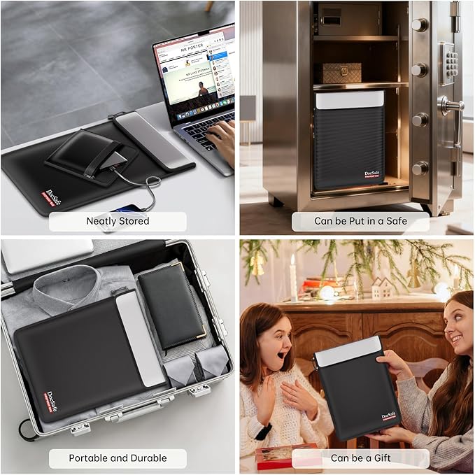 DocSafe Fireproof Document Bag (5200℉) with Fireproof Organizer Travel Case,Heat Insulated Fire＆Water Resistant 8 Layers Safe Money Bag Storage for Important Documents,Cash,Power Bank,Valuables,Black