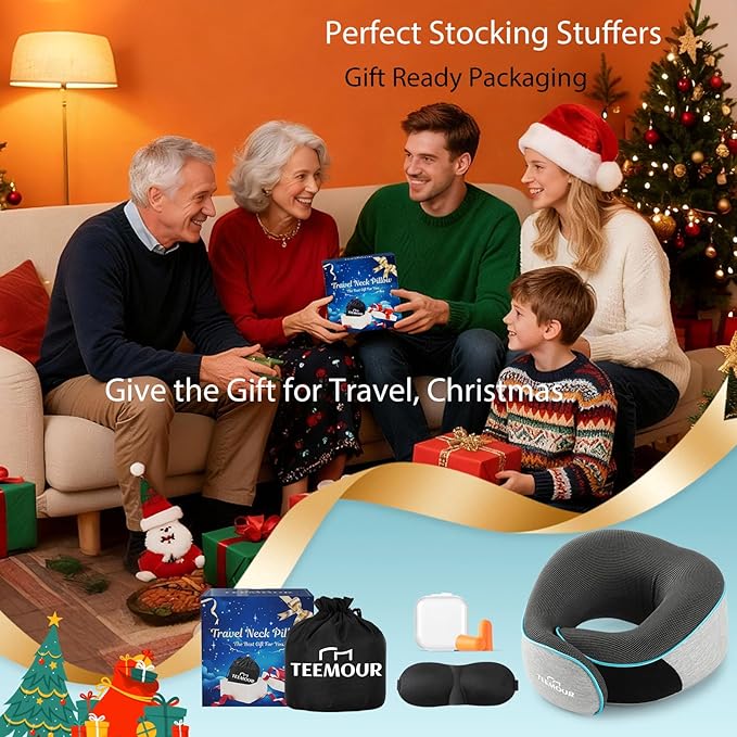 Upgraded Travel Neck Pillow Airplane- 360° Support Travel Pillows for Airplanes, Stocking Stuffers Gifts for women With Eye Mask & Earplugs, Portable Carry Bag for Long Flights| Best Travel Essentials