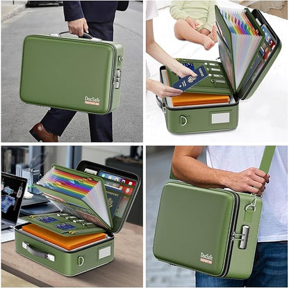 DocSafe Fireproof Document Box with Lock, Hard Case File Organizer with Accordion File Folder, Fireproof Water Resistant Safe Box Home Office Travel Storage for Important Documents Laptop Green