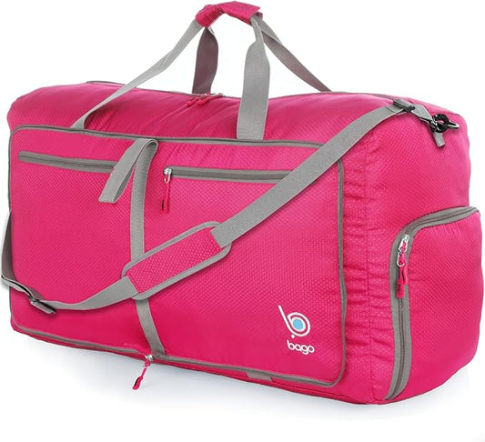 Bago Large Foldable Duffel Bags for Traveling Women & Men - 80L Packable Duffle Bag for Travel with Shoe Compartment - Water Repellant, Heavy Duty, Lightweight Folding & Collapsible (Pink)