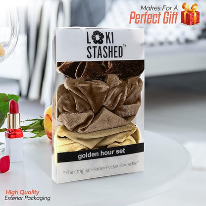 3-PACK Velvet Hair Tie Scrunchies for VSCO Girls & Women, THE ORIGINAL HIDDEN POCKET SCRUNCHIE with Zipper Pocket Storage, Accessories, Small Items, Keys, Money (Golden Hour Set)