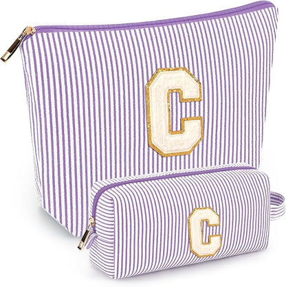 2 PCS Initial Makeup Bags for Women: Cosmetic Bag for Travel Toiletry - Birthday Gifts for 11 12 13 14 15 16 17 18 Years Old Girl Graduation Teacher Gift- Teen Girl Gifts Trendy Stuff - Purple C