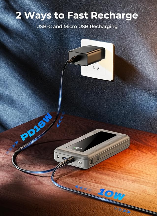 Portable Charger Power Bank, 50000mAh Travel Camping Essential Battery Pack with Built-in Cables, PD 22.5W Fast Charging, Large Capacity Portable Phone Charger for iPhone, Light Grey