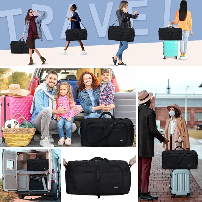 Fmeida 65L Duffle Bag with Shoes Compartment, Foldable Travel Duffel Bags for Men Women, Large Packable Travel Bag Water Repellent & Tear Resistant (Black)
