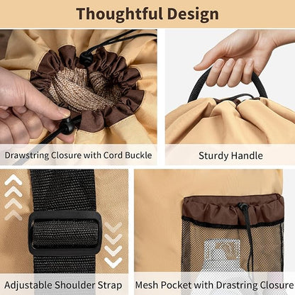 Laundry Bag Backpack with 3 Sizes Mesh Wash Bags and Shoulder Straps Foldable Clothes Hamper Bag with Drawstring Closure for College, Apartment, Laundromat (Brown)