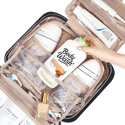 NISHEL Travel Toiletry Bag for women, Portable Hanging Organizer for Family-Sized Shampoo, Conditioner, Brushes Set, Makeup Accessories, Extra Large Size, Black