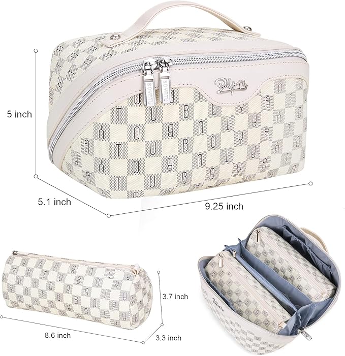 BOYATU Travel Makeup Bag Cosmetic Bags for Women: 3 Pcs Set Portable Make up Bag with Handle - Vegan Leather Toiletry Bags with Compartments - Makeup Organizer for Travel Essentials (C-3-White)