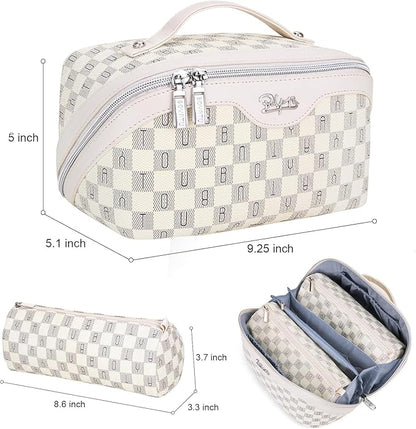 BOYATU Travel Makeup Bag Cosmetic Bags for Women: 3 Pcs Set Portable Make up Bag with Handle - Vegan Leather Toiletry Bags with Compartments - Makeup Organizer for Travel Essentials (C-3-White)